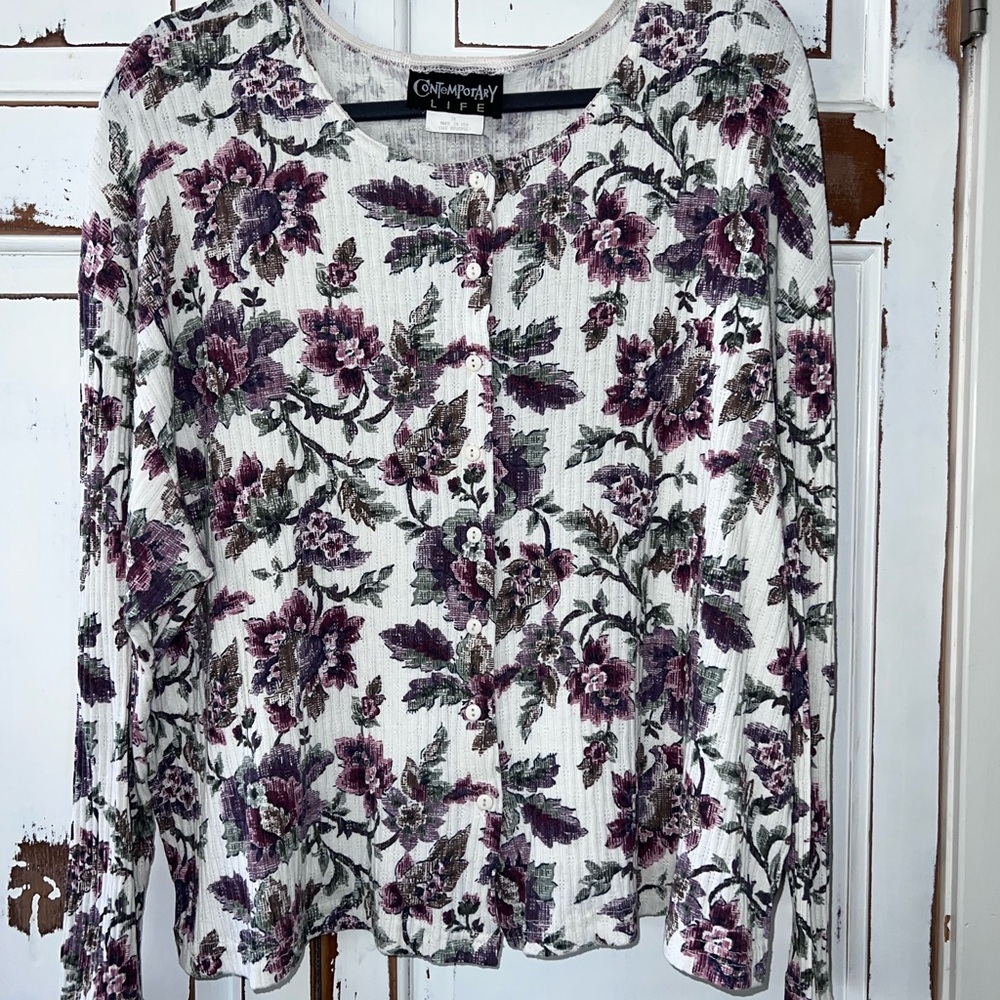 White and Purple Buttoned Blouse with Floral Print